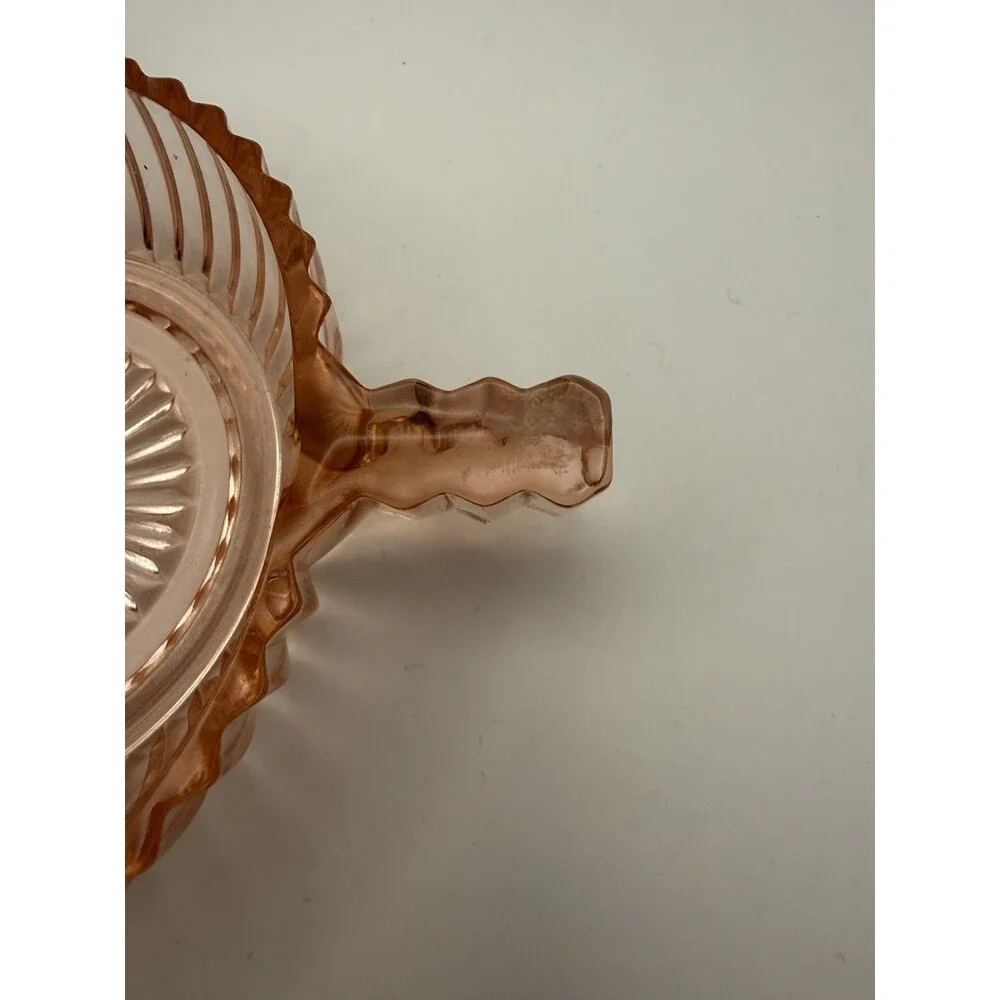 Vintage Pink Depression Glass Dessert Bowl with Handle Ribbed Scalloped 4”